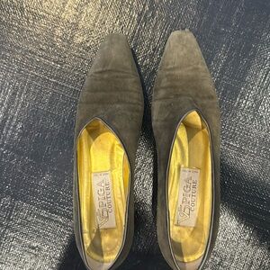 Olive green suede low heeled pump. Great trouser shoe.